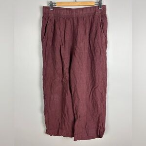 TAHARI 100% Linen Wide Leg Pants Large Plum Burgundy Elastic‎ Waist Lagenlook